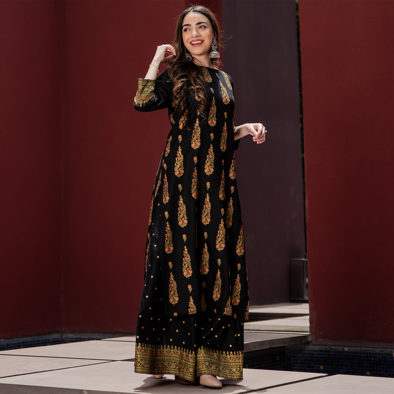 Black Festive Gold Printed Kurta with Black Skirt