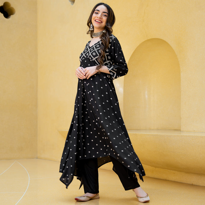 Black Bandhani Printed Asymmetric Hem Kurta & Pants Set