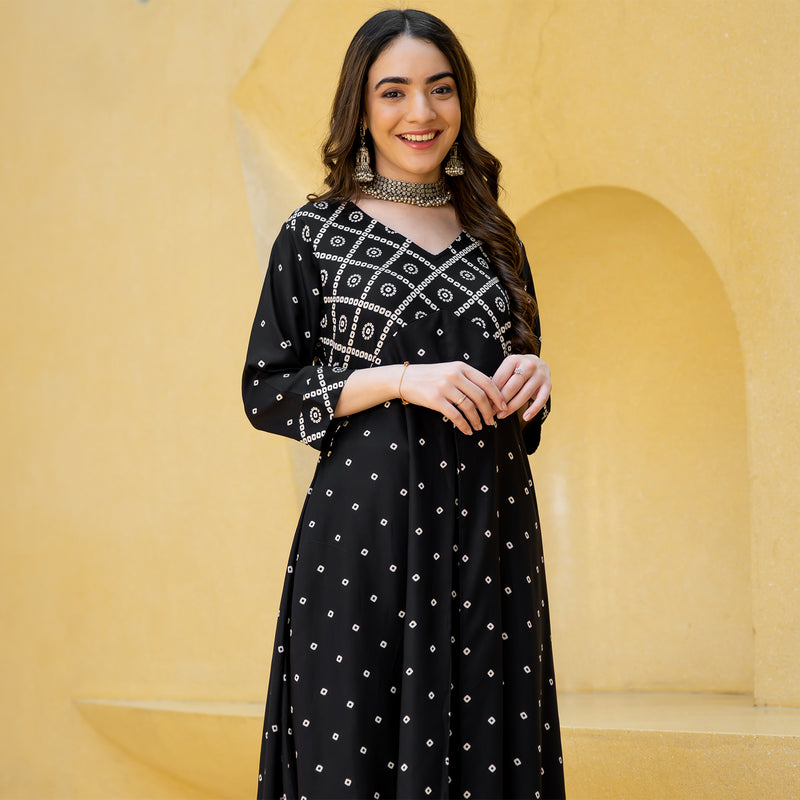 Black Bandhani Printed Rayon Long Kurti