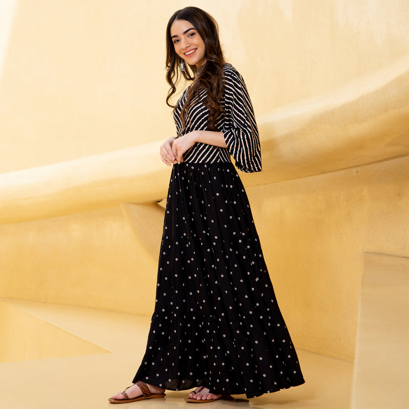 Black Bandhani & Stone Printed Tiered Dress with Flared Sleeves