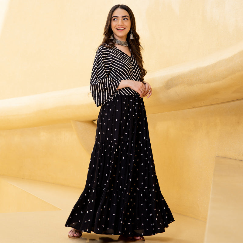 Black Bandhani & Stone Printed Tiered Dress with Flared Sleeves