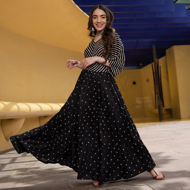 Black Bandhani & Stone Printed Tiered Dress with Flared Sleeves