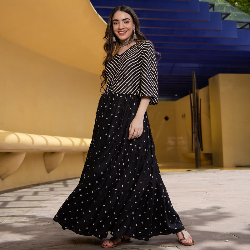 Black Bandhani & Stone Printed Tiered Dress with Flared Sleeves