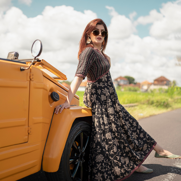 Black Bandhani Inspired Floral Dress