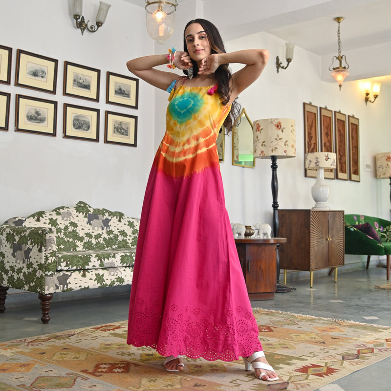 Tranquil Flow Magenta Multicolor Schiffli Tie Dye Jumpsuit