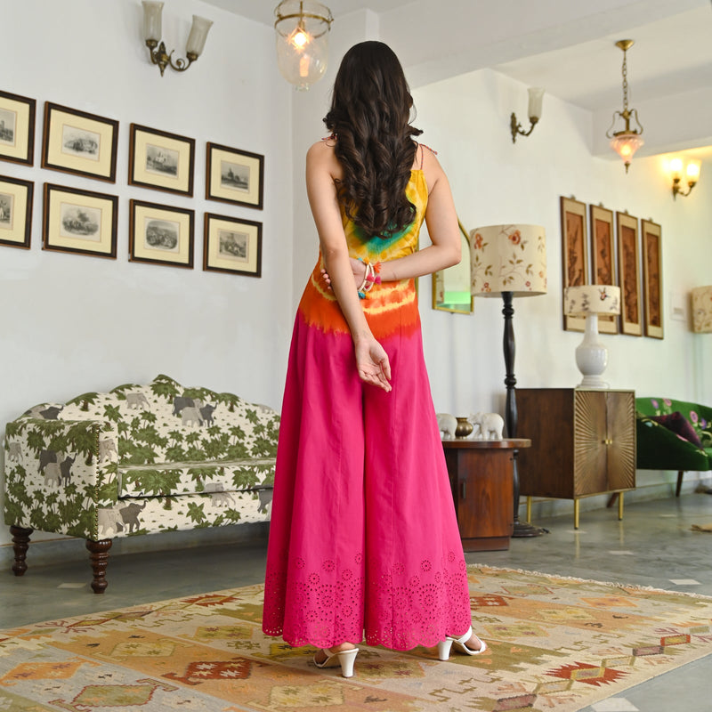 Tranquil Flow Magenta Multicolor Schiffli Tie Dye Jumpsuit