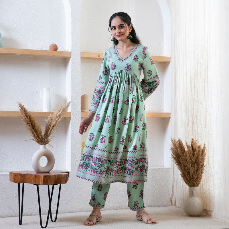 Mint Green Floral Kurta Pant Set