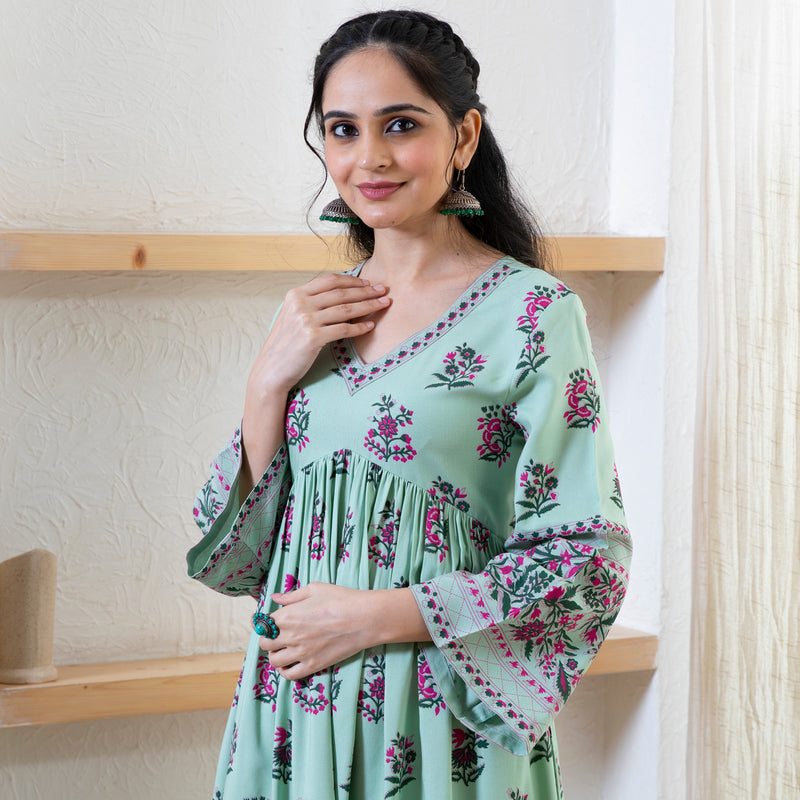 Mint Green Floral Kurta Pant Set