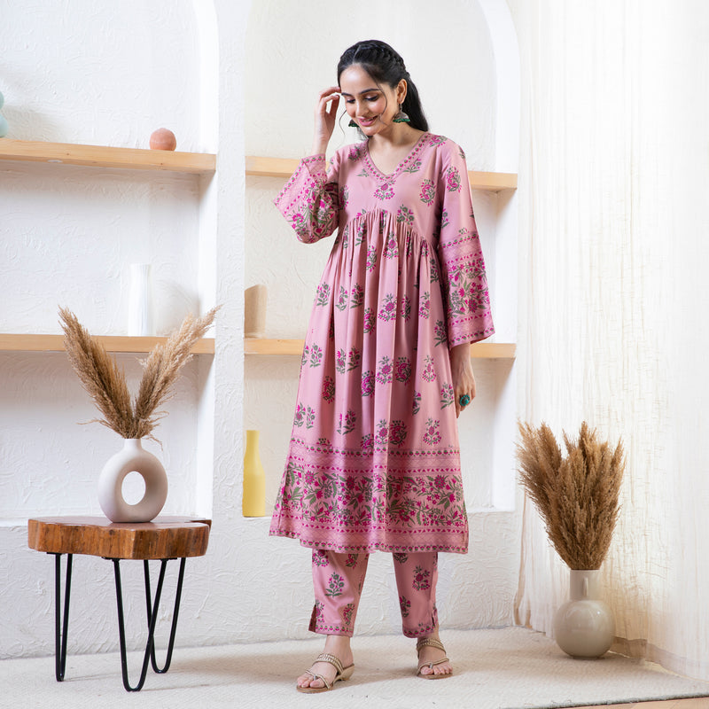 Baby Pink Floral Kurta Pant Set