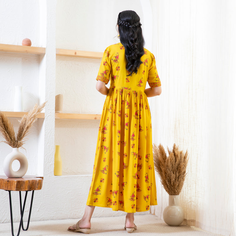 Yellow Peacock Print Dress