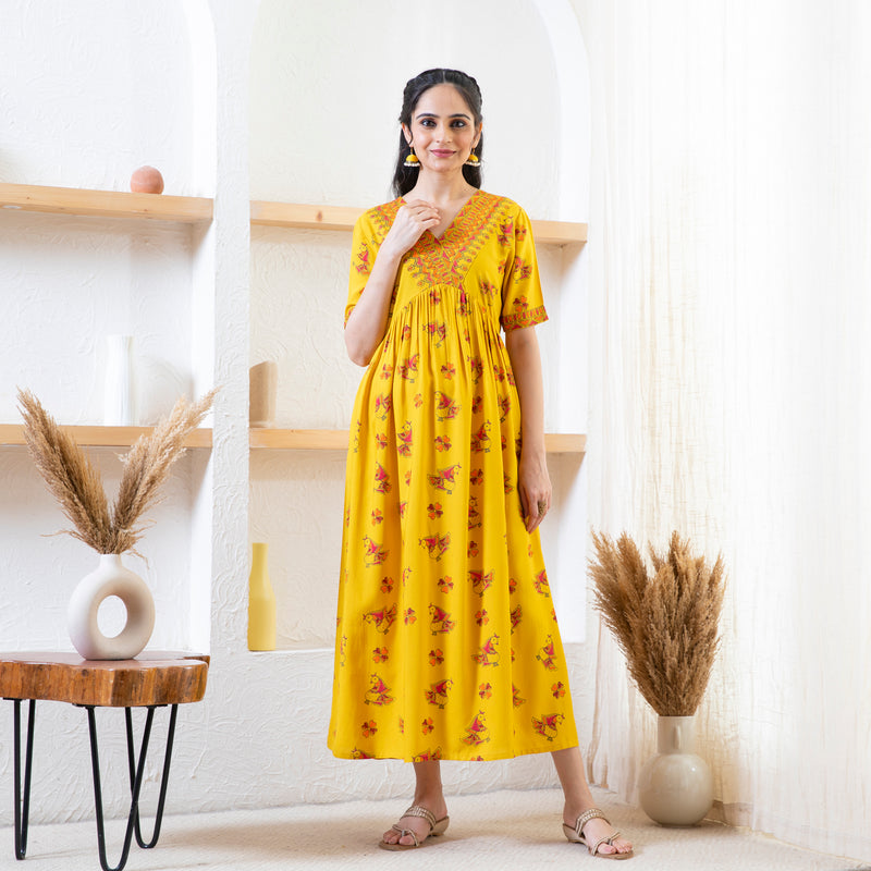Yellow Peacock Print Dress