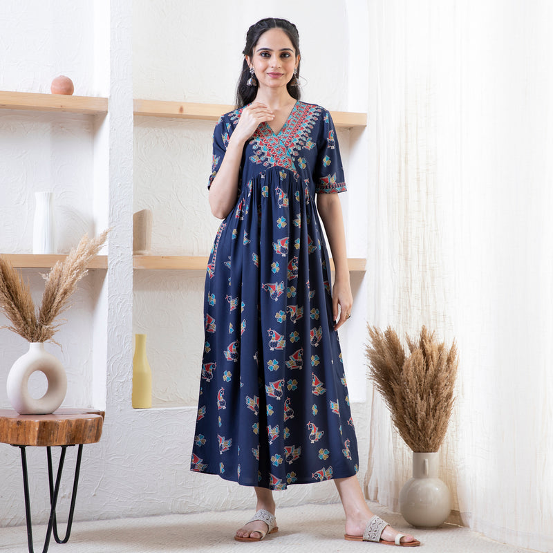 Indigo Peacock Print Dress