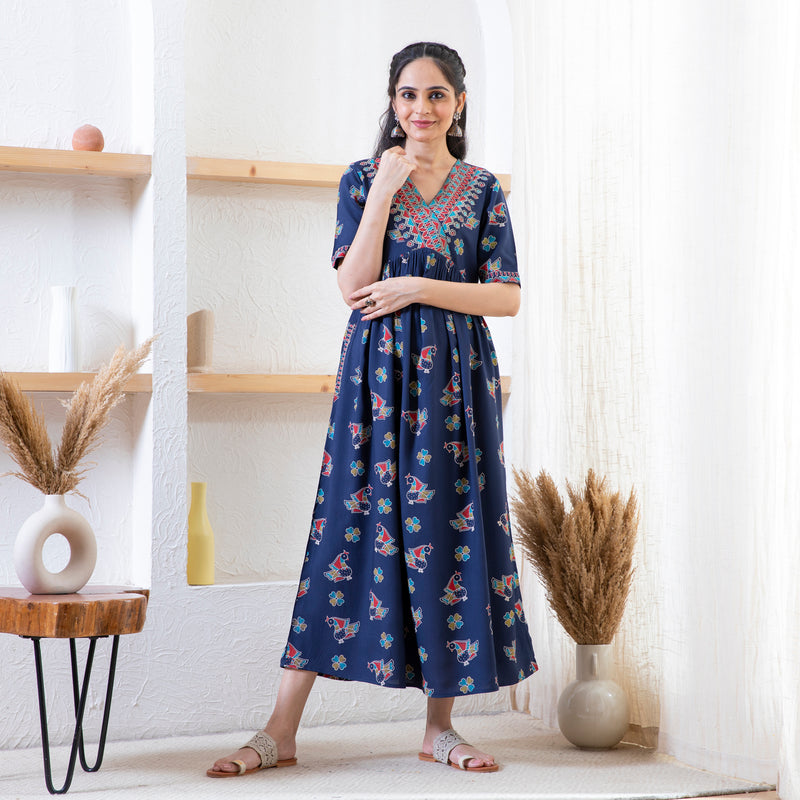 Indigo Peacock Print Dress