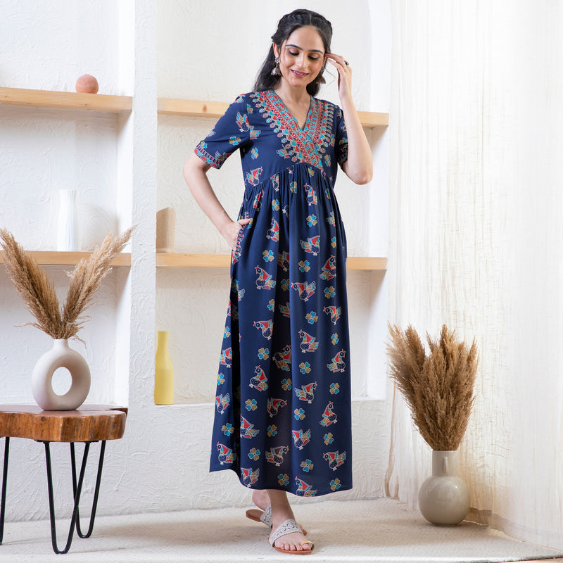 Indigo Peacock Print Dress