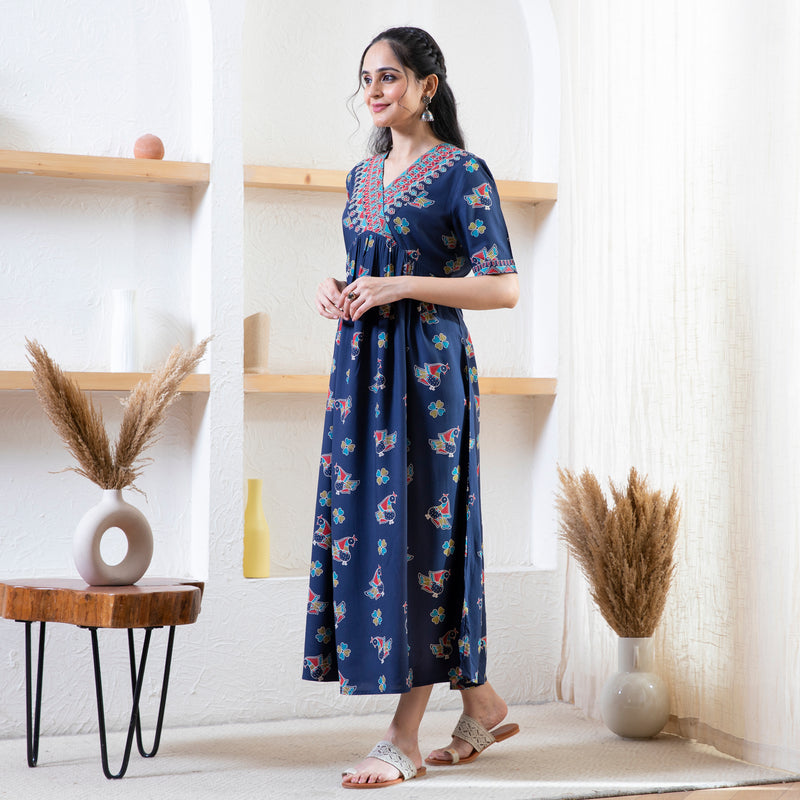 Indigo Peacock Print Dress