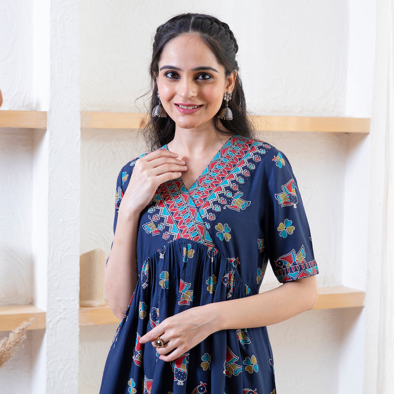 Indigo Peacock Print Dress