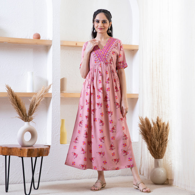 Baby Pink Peacock Print Dress