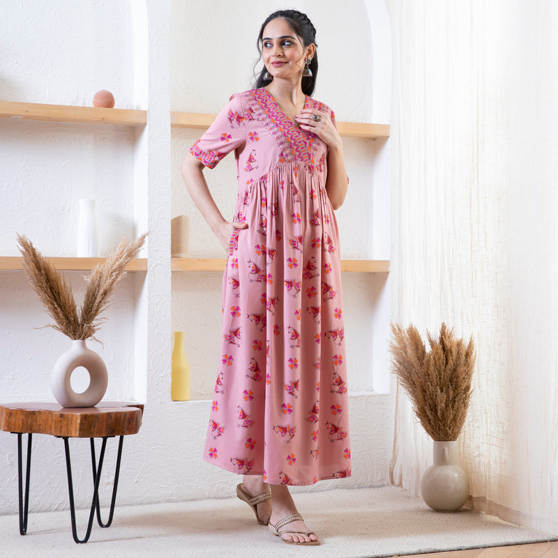 Baby Pink Peacock Print Dress