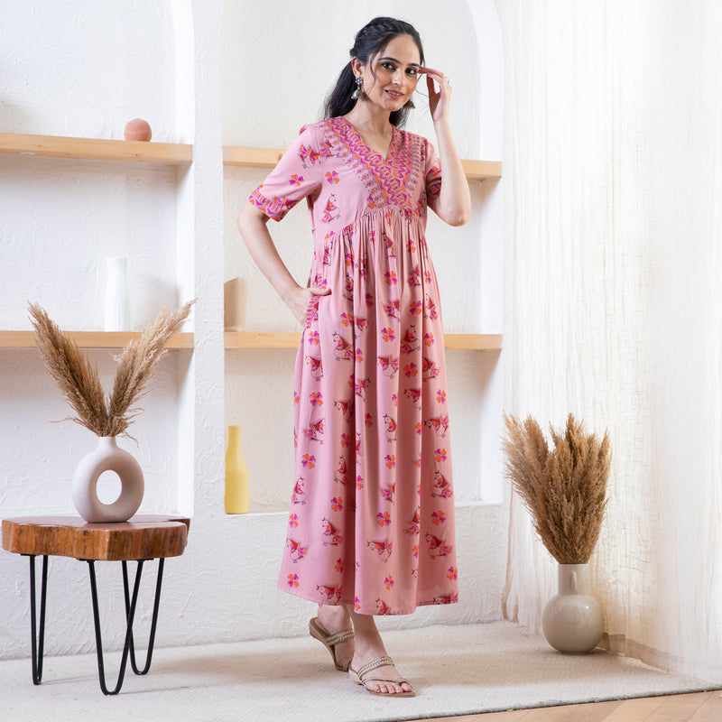 Baby Pink Peacock Print Dress