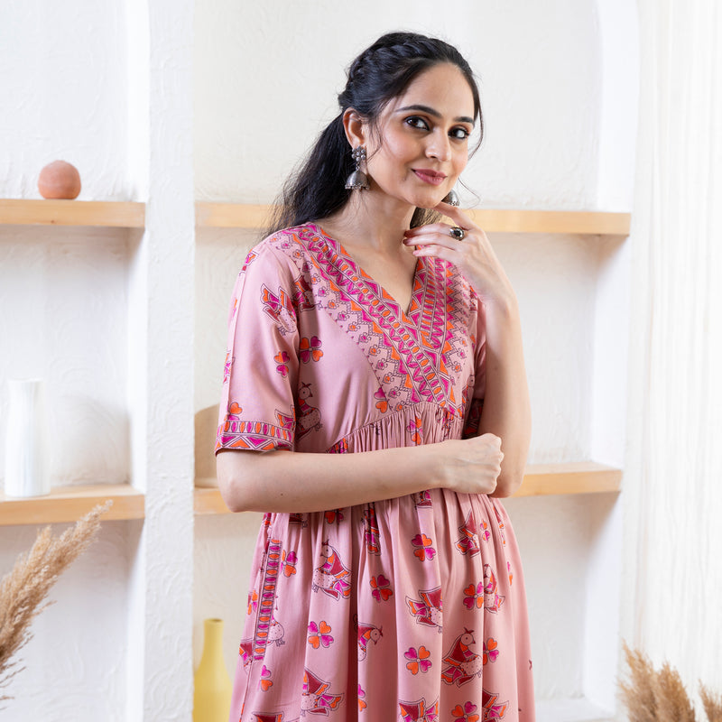 Baby Pink Peacock Print Dress