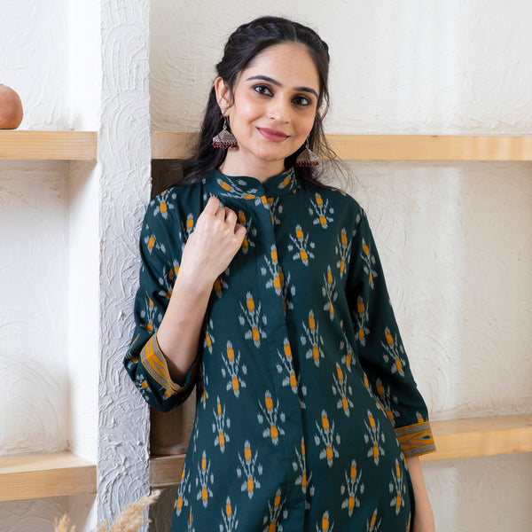 Emerald Green Ikat Inspired Mandarin Collar Dress