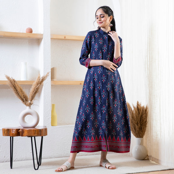 Navy Blue Ikat Inspired Mandarin Collar Dress