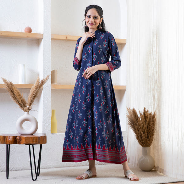 Navy Blue Ikat Inspired Mandarin Collar Dress