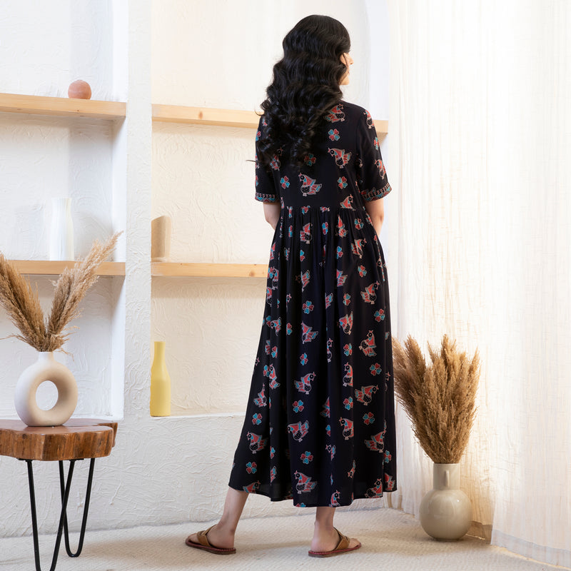 Black Peacock Print Dress