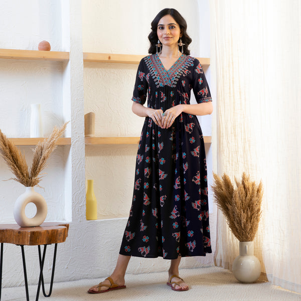 Black Peacock Print Dress