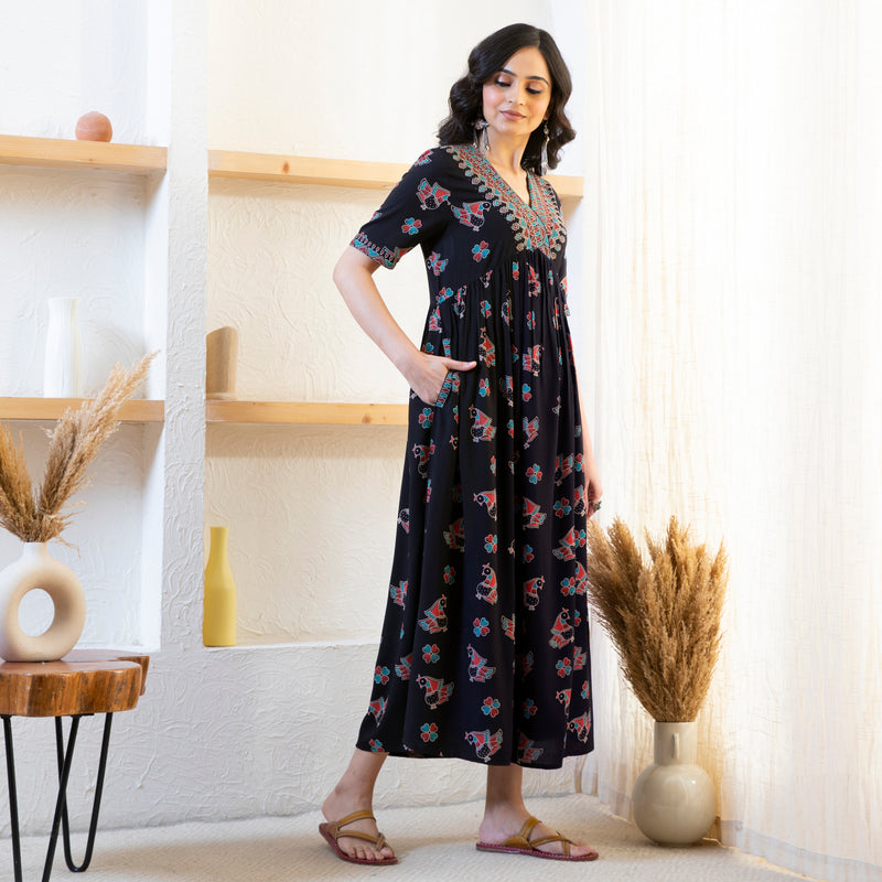 Black Peacock Print Dress