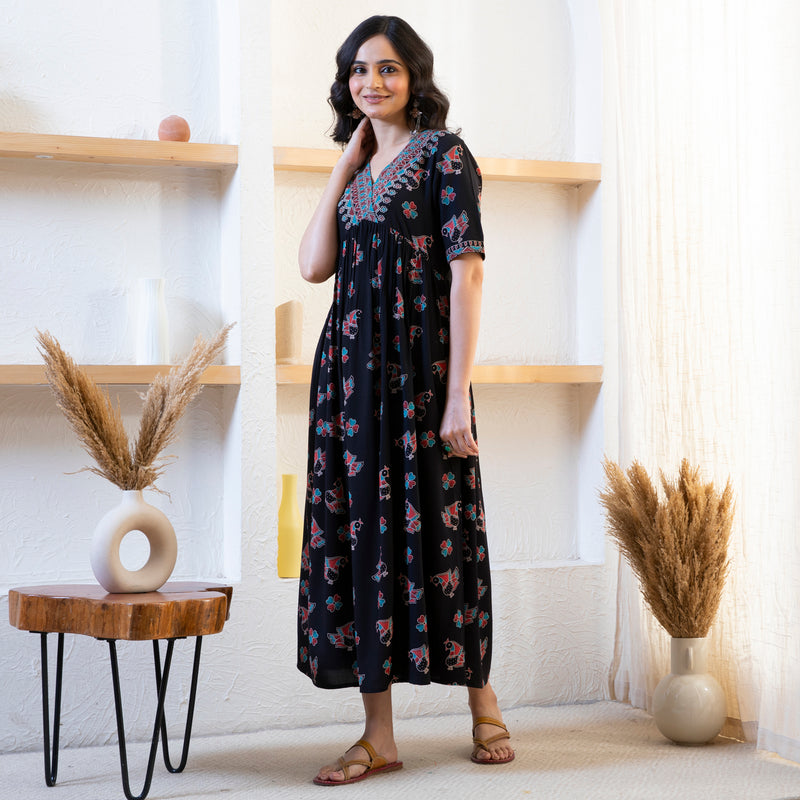 Black Peacock Print Dress