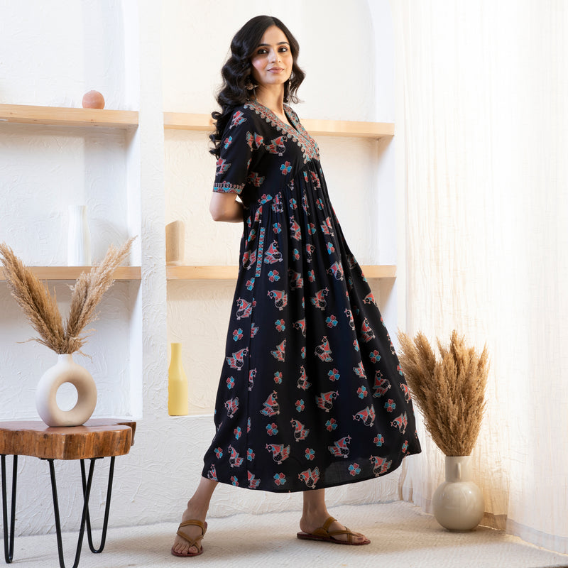 Black Peacock Print Dress