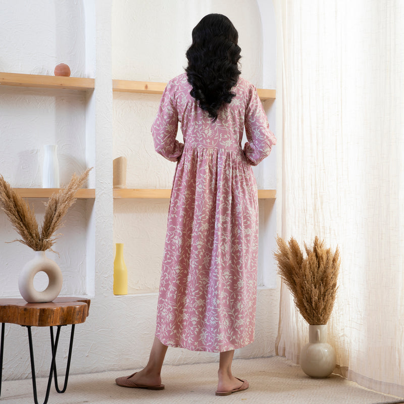 Baby Pink V Neck Front Gathered Dress