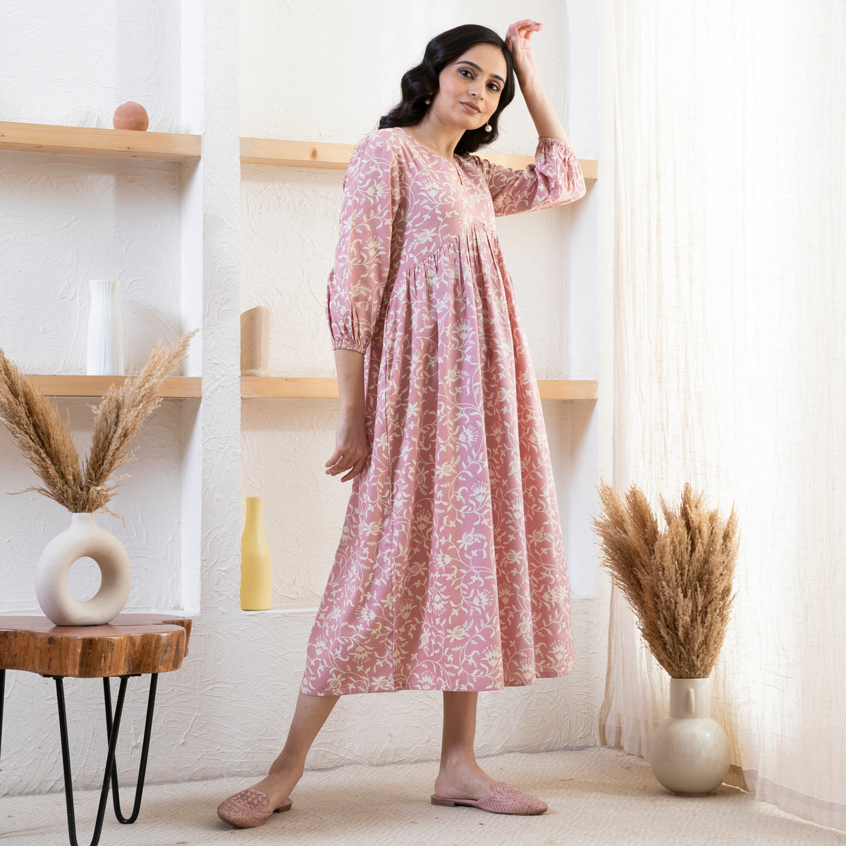 Baby Pink V Neck Front Gathered Dress