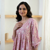 Baby Pink V Neck Front Gathered Dress