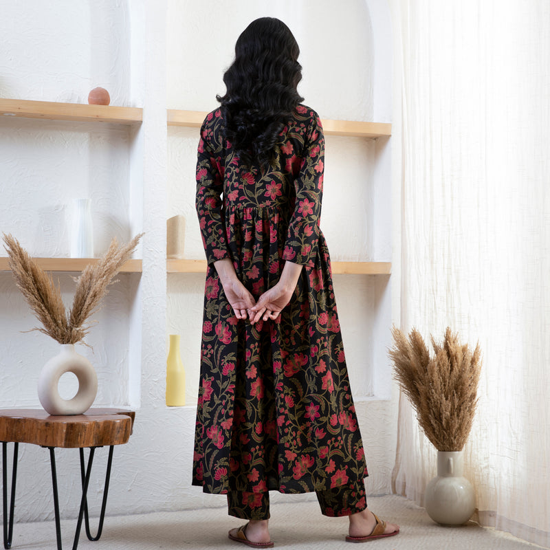 Black Floral Front Gathered Kurta Pants Co ord Set