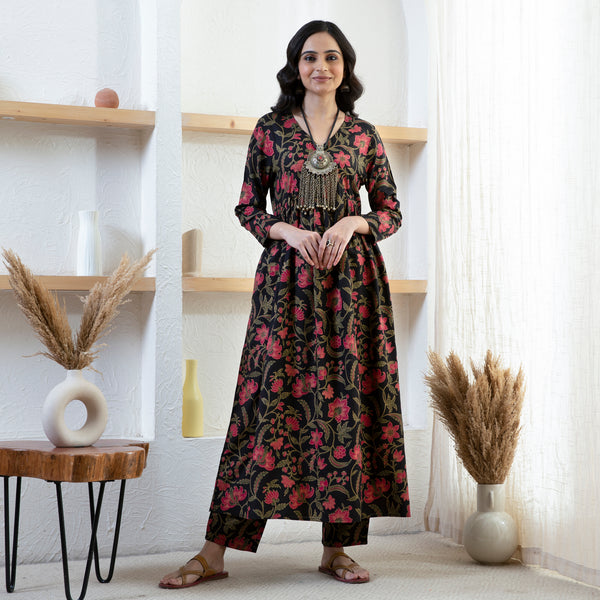 Black Floral Front Gathered Kurta Pants Co ord Set