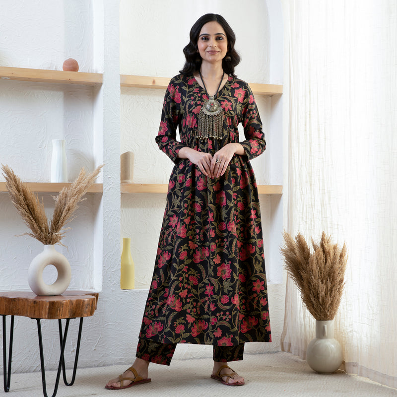 Black Floral Front Gathered Kurta Pants Co ord Set