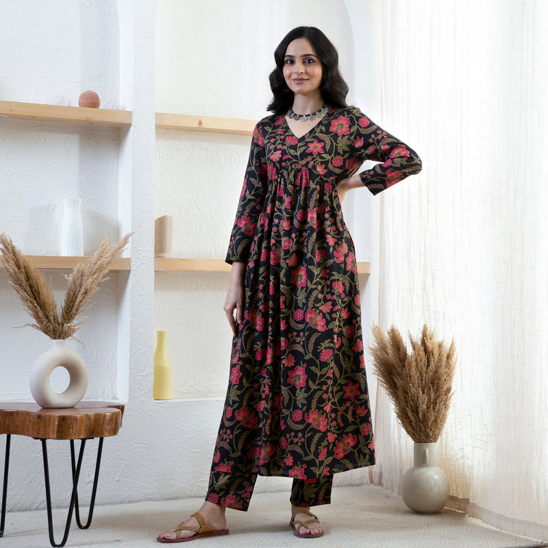 Black Floral Front Gathered Kurta Pants Co ord Set