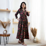 Black Floral Front Gathered Kurta Pants Co ord Set