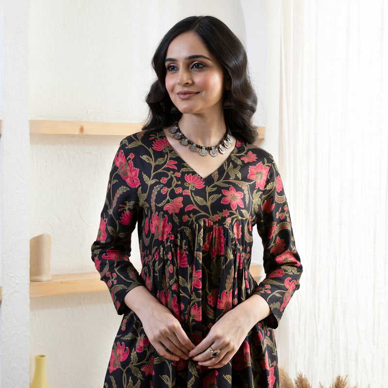 Black Floral Front Gathered Kurta Pants Co ord Set