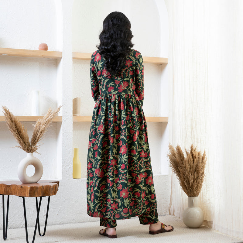 Emerald Green Floral Front Gathered Kurta Pant Set