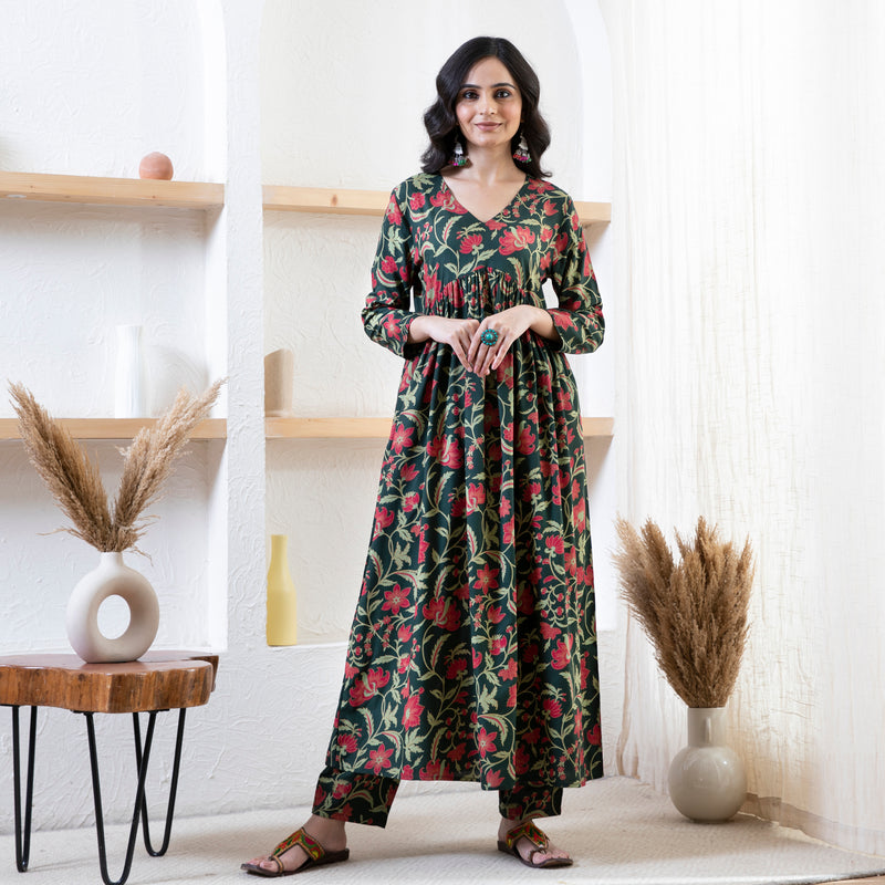 Emerald Green Floral Front Gathered Kurta Pant Set