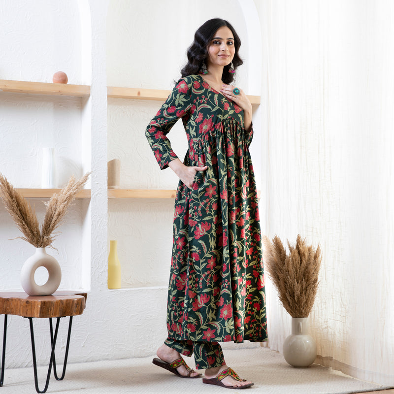 Emerald Green Floral Front Gathered Kurta Pant Set
