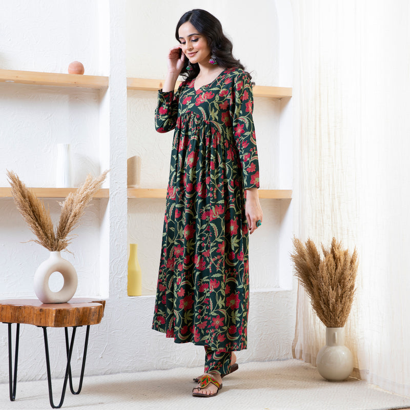 Emerald Green Floral Front Gathered Kurta Pant Set