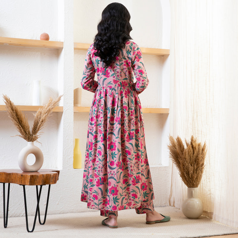 Baby Pink Floral Front Gathered Kurta Pant Set