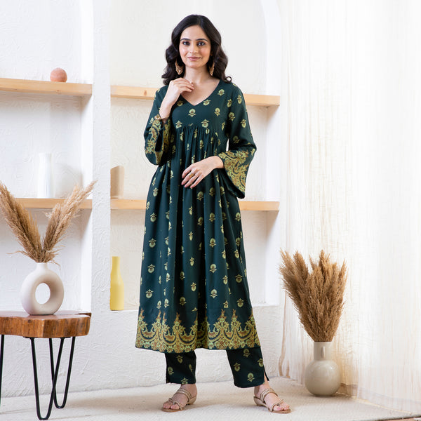 Emerald Green Myra V Neck Kurta Pant Set