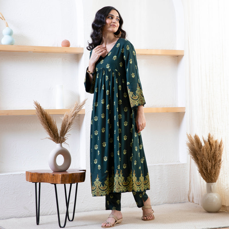 Emerald Green Myra V Neck Kurta Pant Set