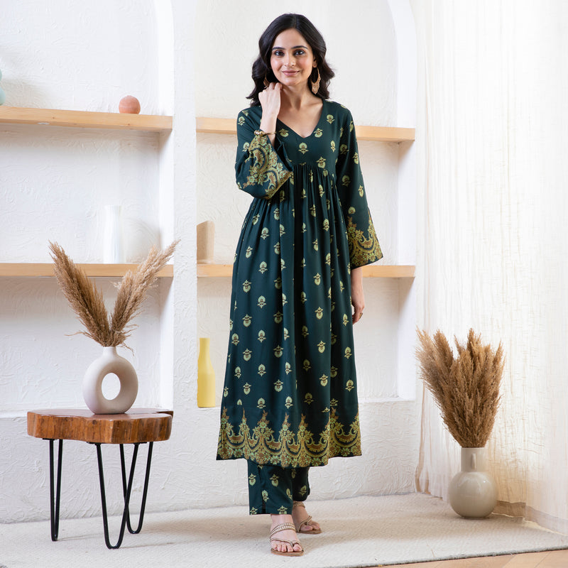 Emerald Green Myra V Neck Kurta Pant Set