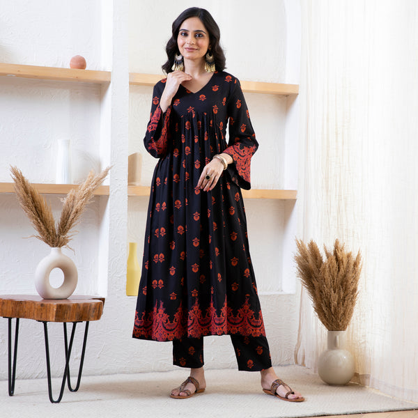 Black Myra V Neck Kurta Pant Set